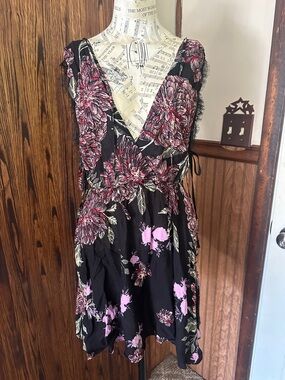 Free People Black Mini Wrap Dress with Pink Floral Print